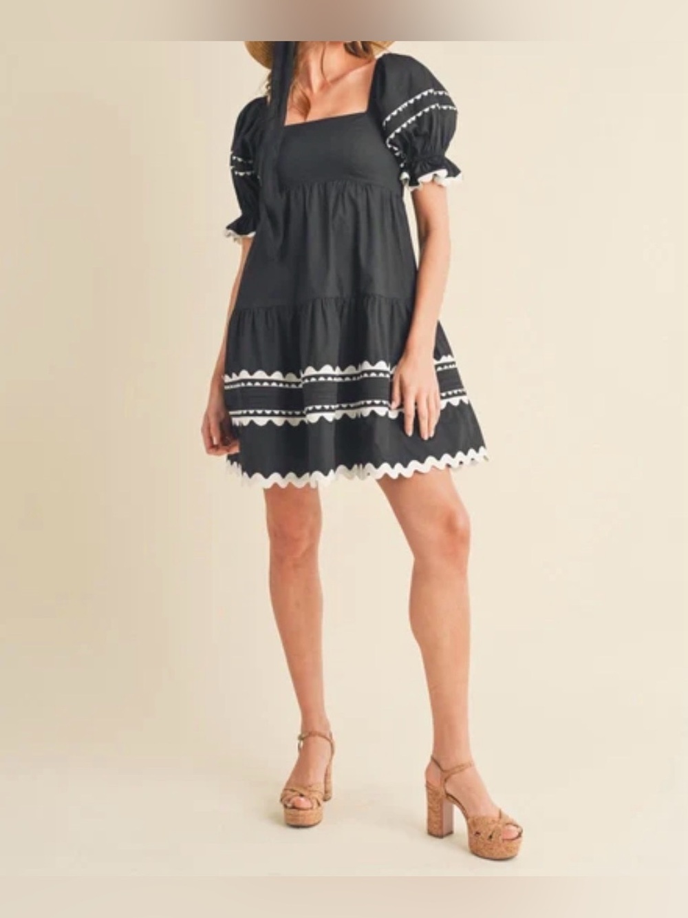 Black Square-Neck Tiered Mini Dress with White Trim